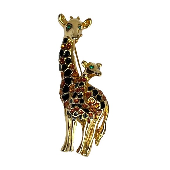 unknown Jewelry - Vintage Giraffe Mother & Baby Brooch Gold Tone Enamel Amber Rhinestones Animal